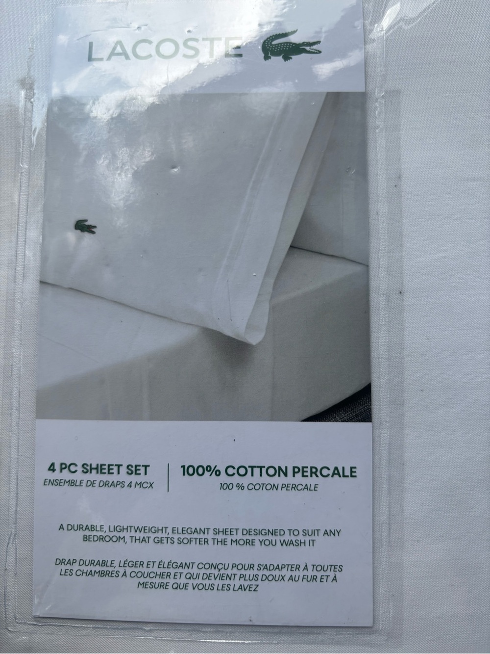 Lacoste White Cotton Percale Queen Pillowcases with Green Crocodile Logo